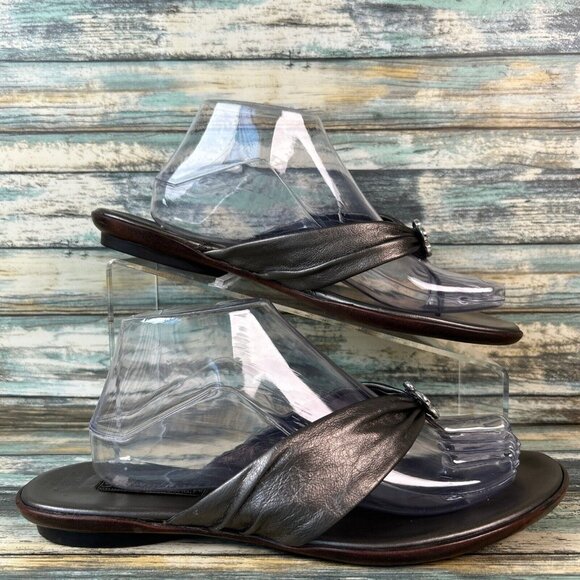 Brighton Thong Sandal Womens Size 10 Gray Leather Metal Flower Rhinestone Accent - Picture 2 of 10